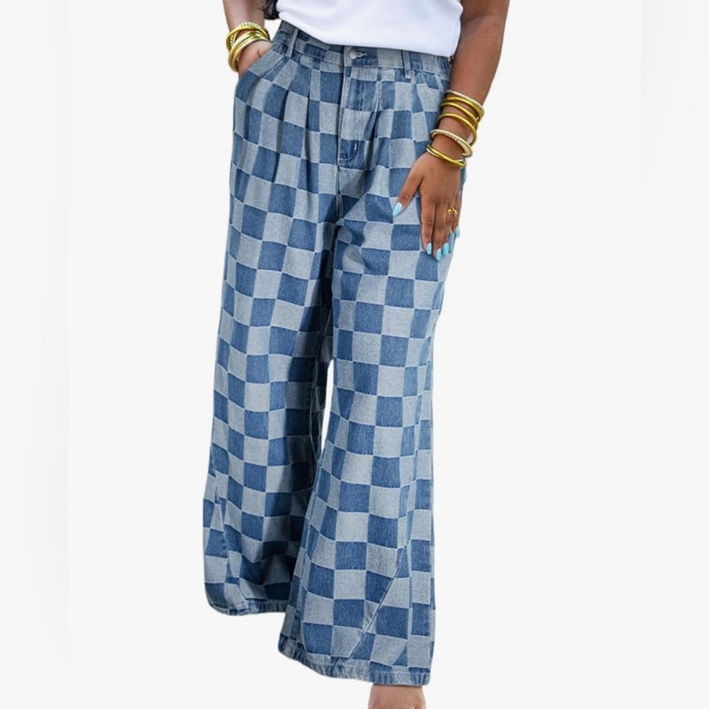 Wide Leg Checkerboard Denim Pants - Blue